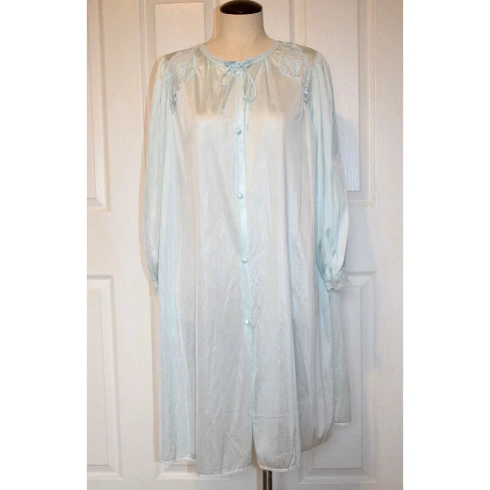 MISS ELAINE Blue Satin Nylon Lounge‎ Robe Womens Small Long Sleeve
